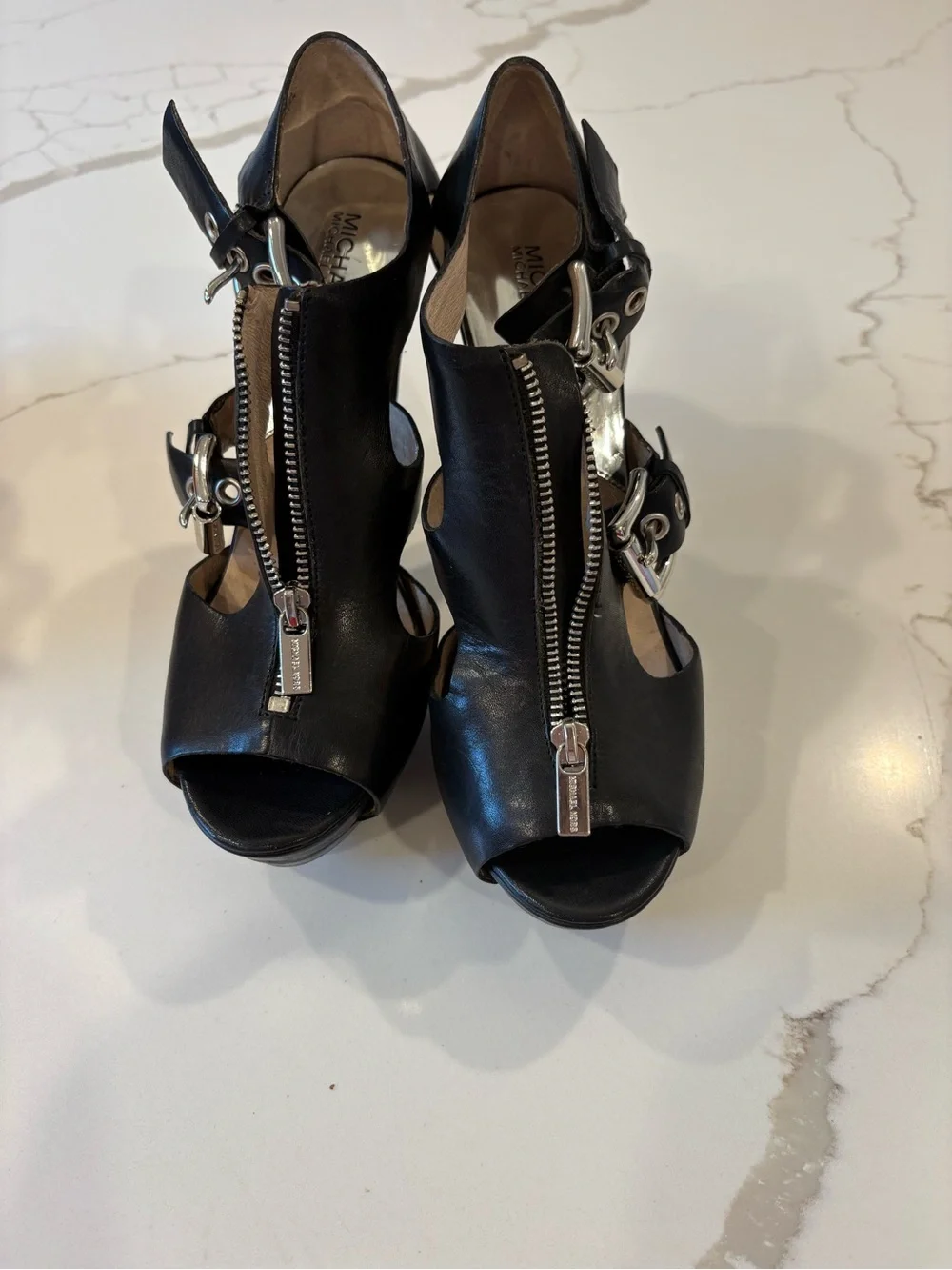 MICHAEL Michael Kors Black Leather Platform Heels Size 10 Buckle Zip